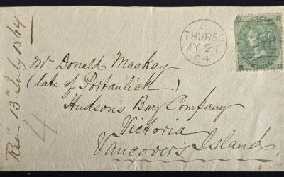 Donald McKay 21 May 1864 1/- incoming H.B.C. Victoria, Vancouver’s Island Cover, ex de Volpi with his backstamp