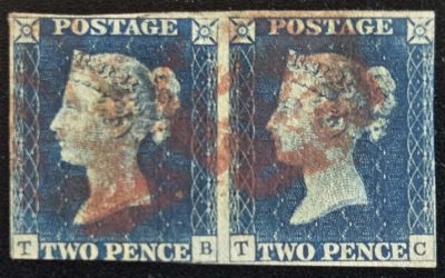 G.B. #2 abt Fine Red M/C Used 1840 2d Blue Plate 4 Pair