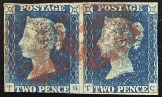 G.B. #2 abt Fine Red M/C Used 1840 2d Blue Plate 4 Pair