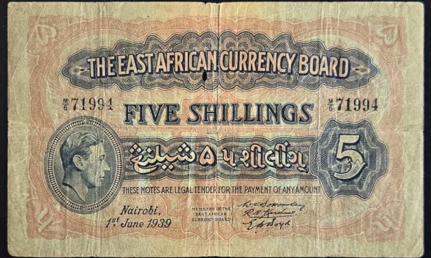 East Africa P#28a VG+ 1 Jun 1939 George VI 5/- Banknote, holed