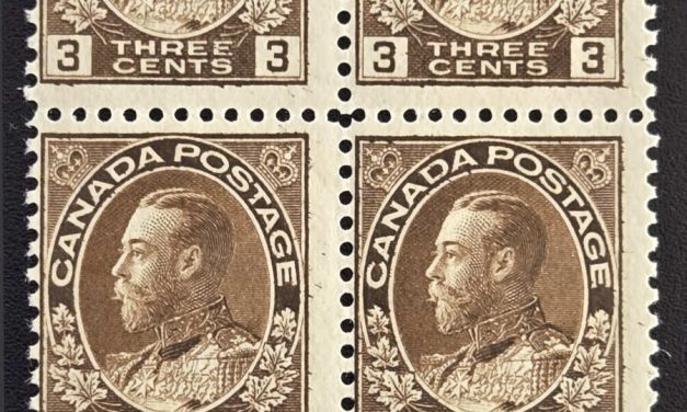 Canada #108 Fine Mint 3c Admiral Type D Inverted Lathework Block