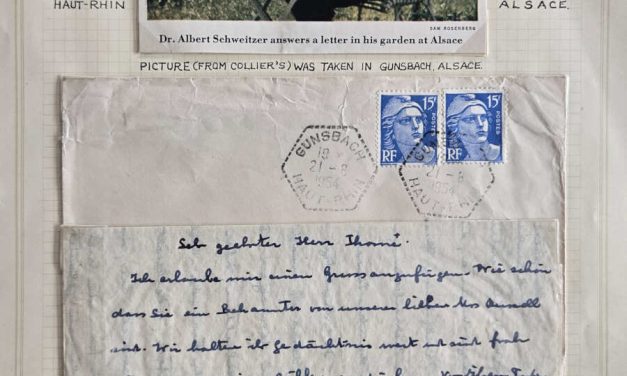 Albert Schweitzer signed 1954 Letter w/ cover on exhibition page (3 pcs)