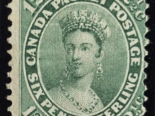 Canada #18 Fine Unu 1859 12.5c Chalon, owner’s b/s