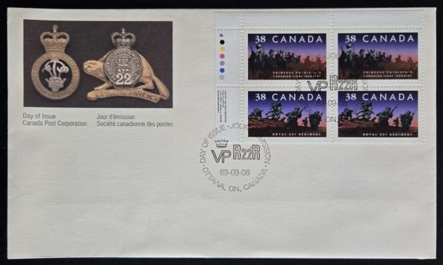 Canada #1250ii VF UL 8 Sep 1989 38c Regiments Plate Blk FDC