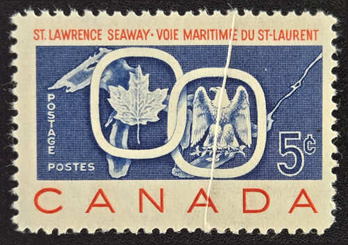 Canada #387 Never Hinged 1959 5c Seaway Pre-Printing Crease