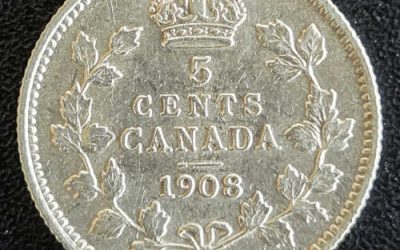 Dominion of Canada EF40 1908 Large 8 Silver 5 Cents