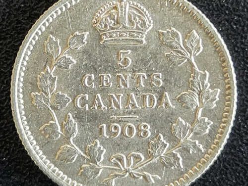 Dominion of Canada EF40 1908 Large 8 Silver 5 Cents