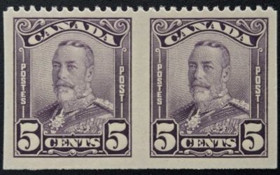 Canada #155d VFNH 1928 5c Perf by Imperf Pair, 250 made