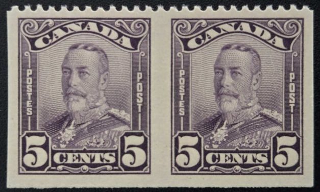 Canada #155d VFNH 1928 5c Perf by Imperf Pair, 250 made