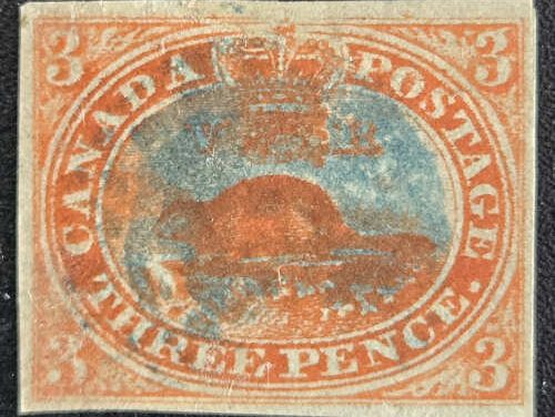 Canada #4 VF blue cancel Used 1852 3d Beaver