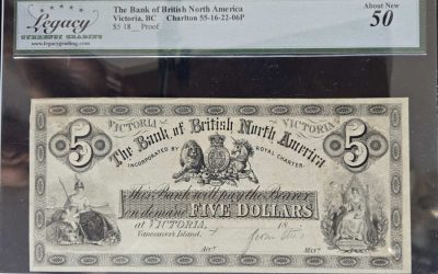 Bank of B.N.A. Victoria, V.I. undated $5 Proof graded AU50