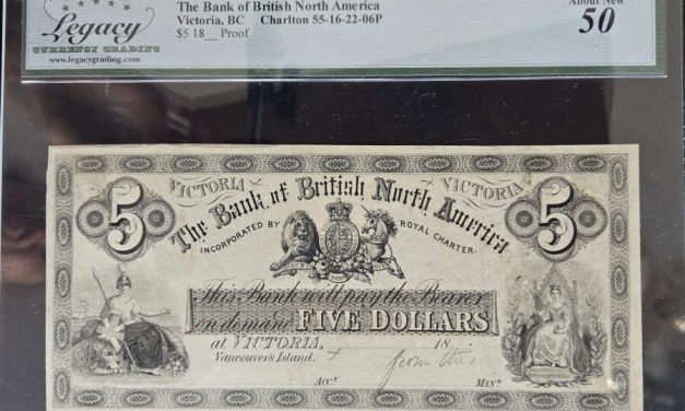 Bank of B.N.A. Victoria, V.I. undated $5 Proof graded AU50