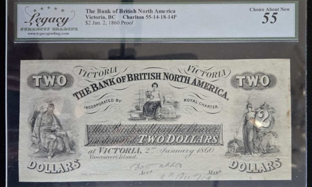 Bank of B.N.A. Victoria, B.C. 2 Jan 1860 $2 Proof