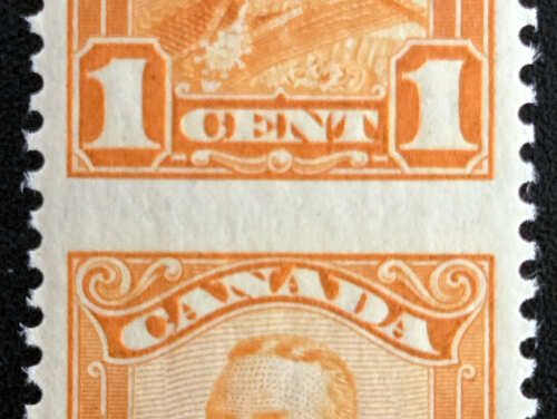 Canada #149e VFNH 1928 1c Perf by Imperf Pair, 250 made