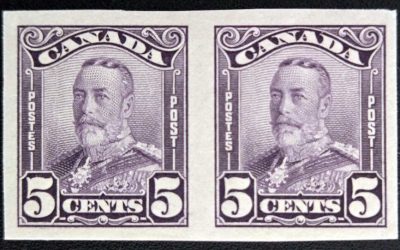 Canada #153b VF Unu 1928 5c Imperforate Pair, 250 made