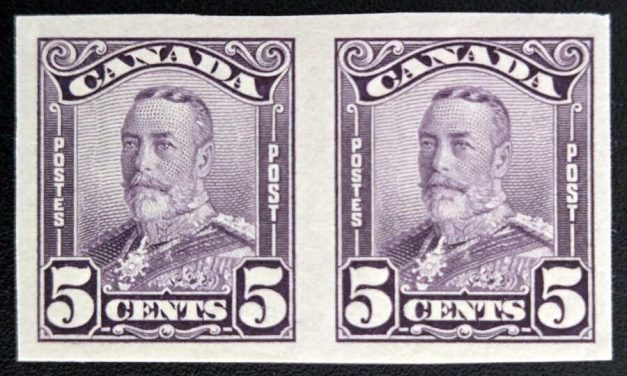 Canada #153b VF Unu 1928 5c Imperforate Pair, 250 made