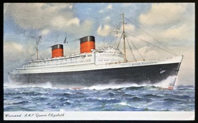 G.B. #327 4 Jun 1956 RMS Queen Elizabeth Paquebot Postcard to US