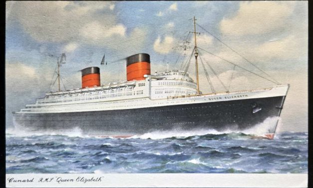 G.B. #327 4 Jun 1956 RMS Queen Elizabeth Paquebot Postcard to US