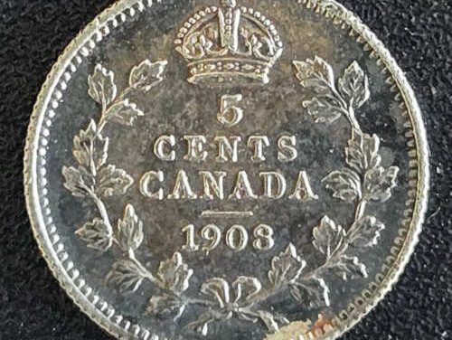 Canada AU 1908 Large 8 Variety Edward VII Silver 5 Cents