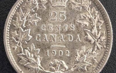 Dominion of Canada AU 1902H Silver 25 Cents