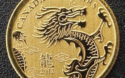 Canada BU 2012 1/10oz pure Gold $5 Year of the Dragon, 8902 issued