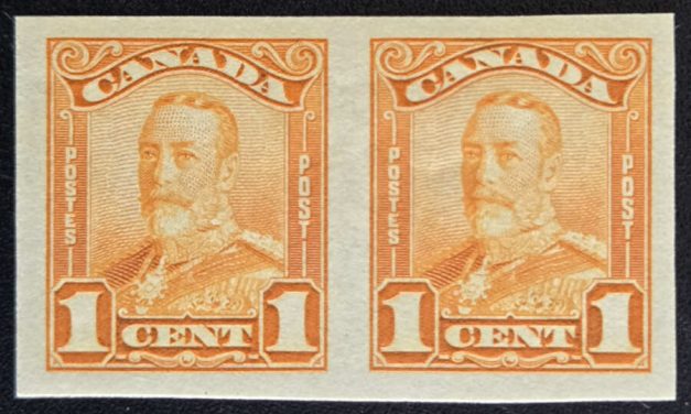 Canada #149b VF Unu 1928 1c George V Imperf Pair, 250 made
