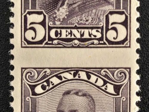 Canada #153e VFNH 1928 5c Geo V Perf by Imperf Pair