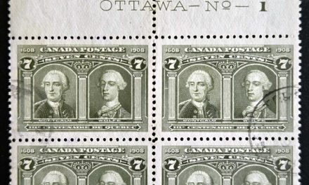 Canada #100 VF Used 1908 7c Imprint Block of Four