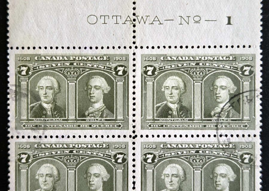 Canada #100 VF Used 1908 7c Imprint Block of Four