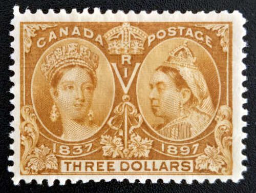 Canada #63 Fine Mint HR 1897 $3 Jubilee, repair, 13,500 made, $1200