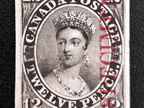 Canada #3Pi VF 1851 12 Black Specimen Plate Proof, natural internal India Paper wrinkle
