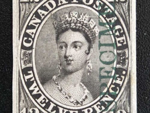 Canada #3Piii VF 1851/64 12d Black Green Specimen Plate Proof on india paper, ex Saskatoon Stamp