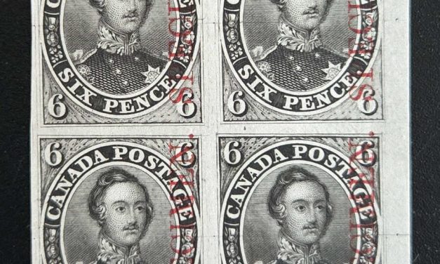 Canada #2TCix VF 1851/64 6d Black Specimen Pl Proof Block (4)