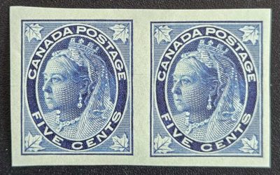 Canada #70a VF Mint 1897 5c QV Maple Leaf Imperf Pair, 100 made