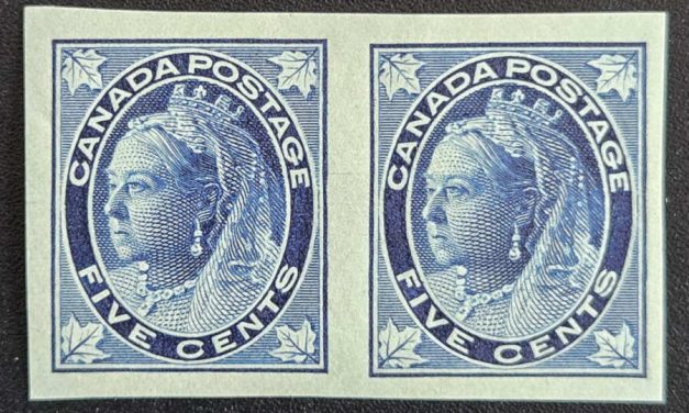 Canada #70a VF Mint 1897 5c QV Maple Leaf Imperf Pair, 100 made