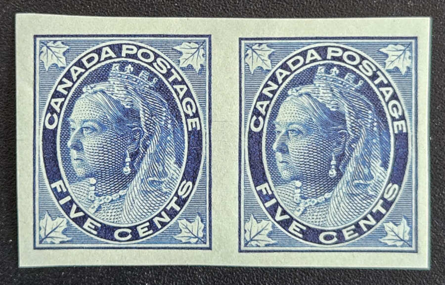 Canada #70a VF Mint 1897 5c QV Maple Leaf Imperf Pair, 100 made