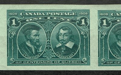 Canada #97a VFNH 1908 1c left margin Quebec Imperf Pair, 100 made, Unlisted Hairlines Variety, $2500.