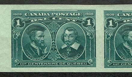 Canada #97a VFNH 1908 1c left margin Quebec Imperf Pair, 100 made, gum spot on one, unlisted Hairlines Variety