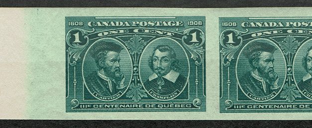 Canada #97a VFNH 1908 1c left margin Quebec Imperf Pair, 100 made, Unlisted Hairlines Variety, $2500.