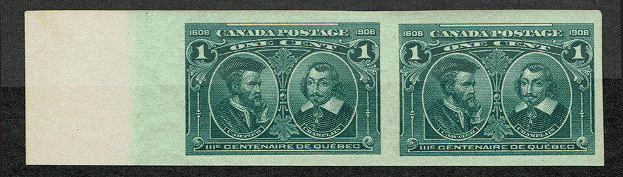 Canada #97a VFNH 1908 1c left margin Quebec Imperf Pair, 100 made, Unlisted Hairlines Variety, $2500.