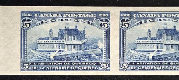 Canada #99a VFNH 1908 5c Quebec wing margin Imperforate Pair, 100 printed