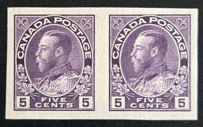 Canada #112b VF Mint HR 5c Admiral Imperforate Pair, 50 pairs printed