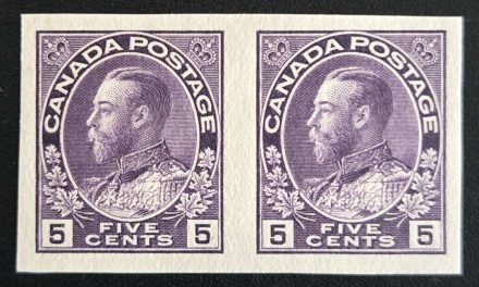 Canada #112b VF Mint HR 5c Admiral Imperforate Pair, 50 pairs printed