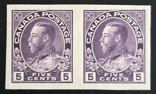 Canada #112b VF Mint HR 5c Admiral Imperforate Pair, 50 pairs printed