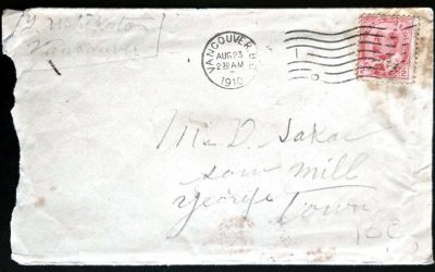 Big Bay, B.C. RF E3 31 Aug 1910 2c Cover and contents to Georgetown