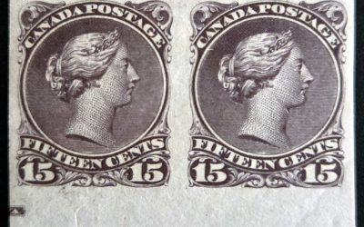 Canada #29d VF streaky Mint OG 15c Brown Purple part Imprint Imperf Pair, 200 pairs printed
