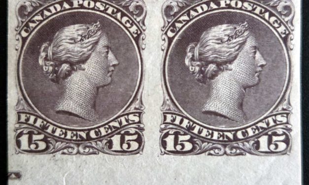 Canada #29d VF streaky Mint OG 15c Brown Purple part Imprint Imperf Pair, 200 pairs printed