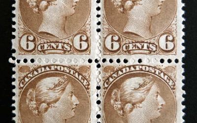 Canada #39 F/VF streaky Whitish NH OG 1872 6c SQ Block