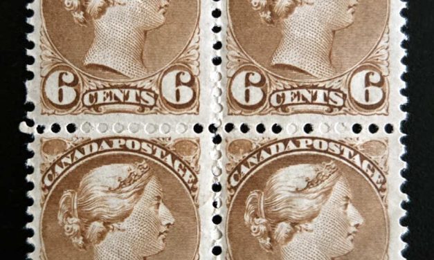 Canada #39 F/VF streaky Whitish NH OG 1872 6c SQ Block