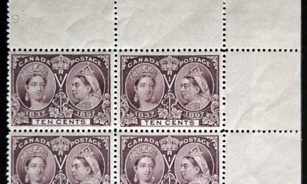 Canada #57i Re-entry in UR Mint 3 NH Block